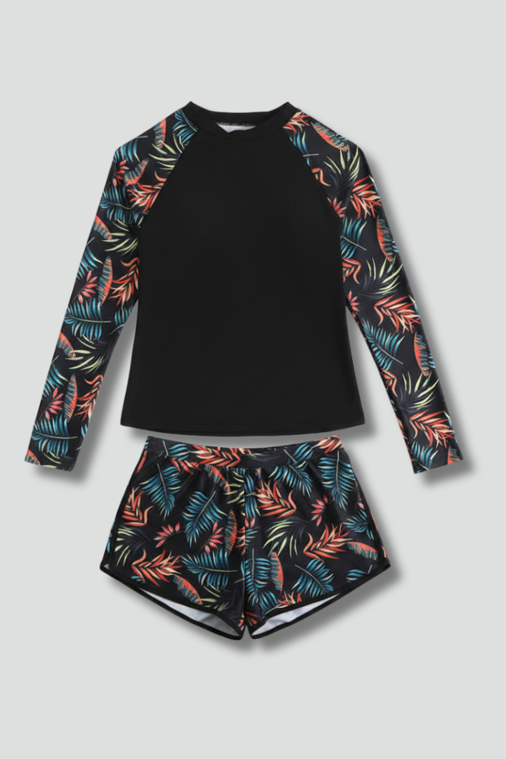 Women's two-piece tankini - rash guard pullover top and printed shorts set