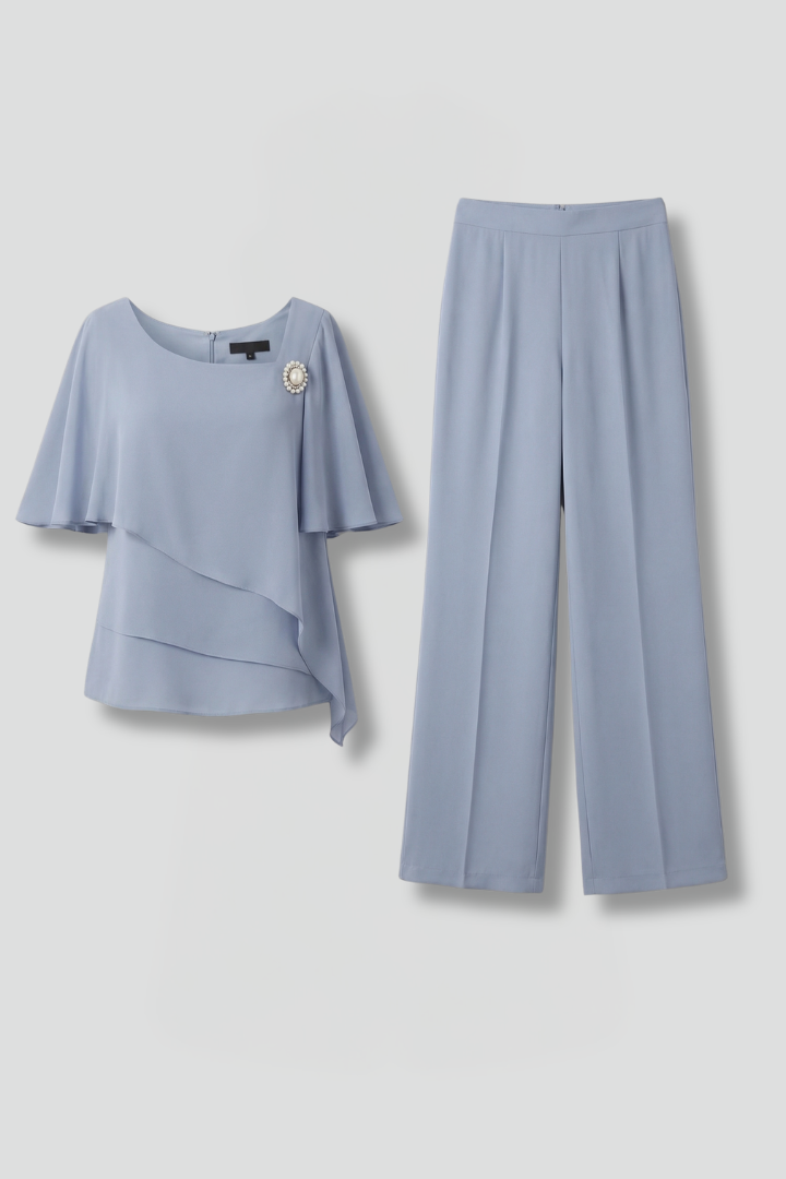 Women's trousers set - loose asymmetric top and straight leg pants for travel