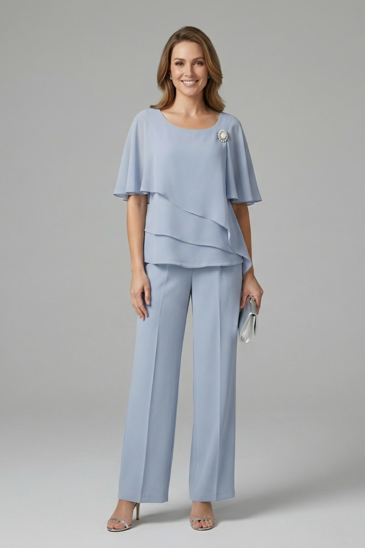Women's trousers set - loose asymmetric top and straight leg pants for travel