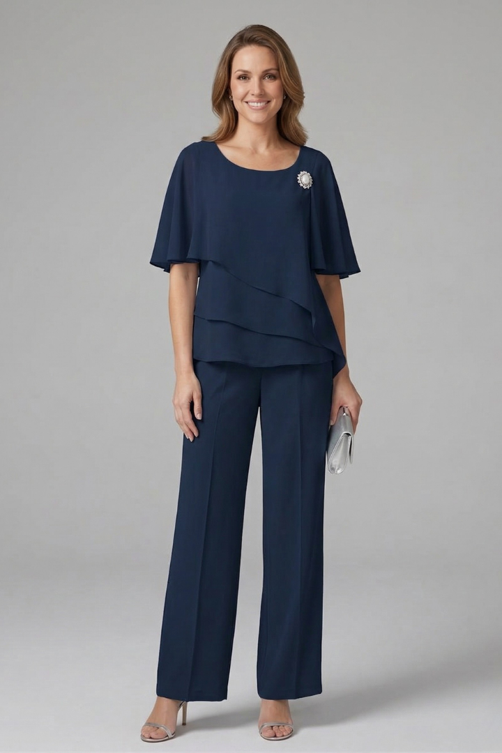 Women's trousers set - loose asymmetric top and straight leg pants for travel