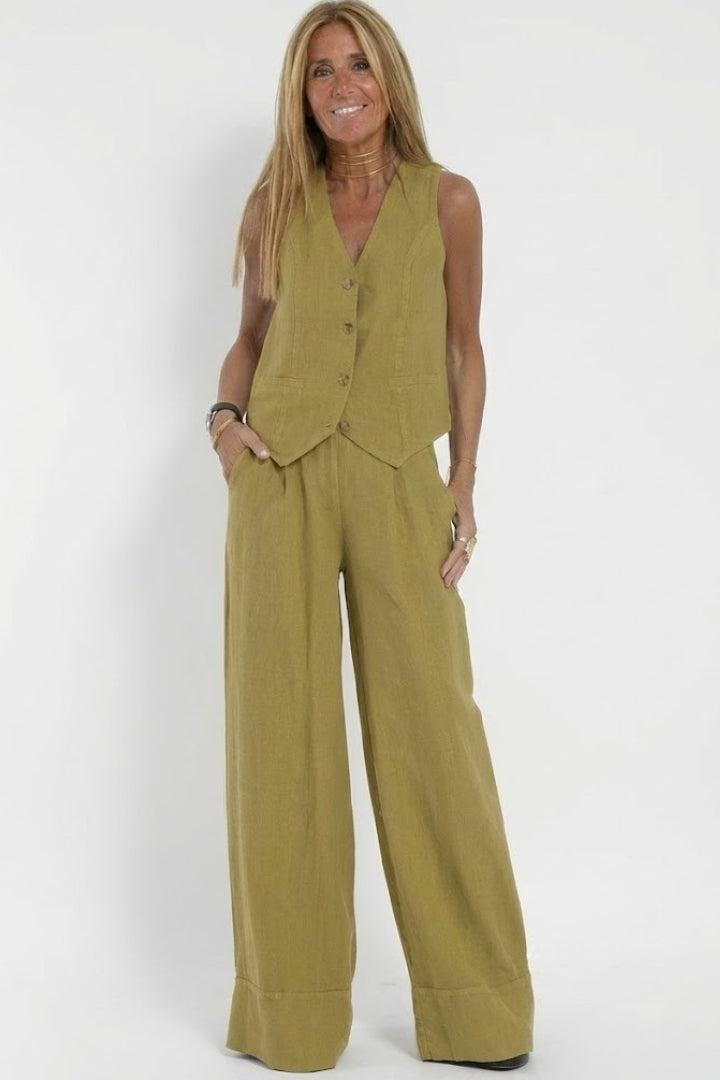 Women's outfit - formal sleeveless vest and wide high-waisted pants | interview