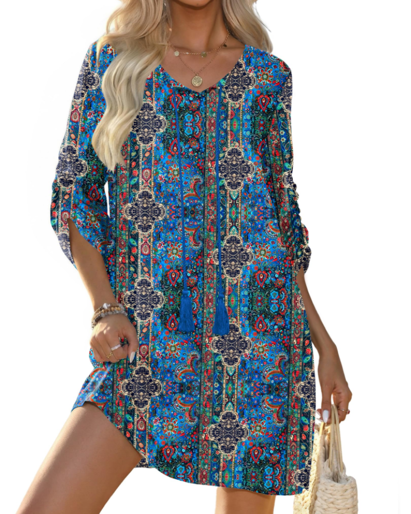 Women's tunic dress — floral print with v-neck for casual daily wear