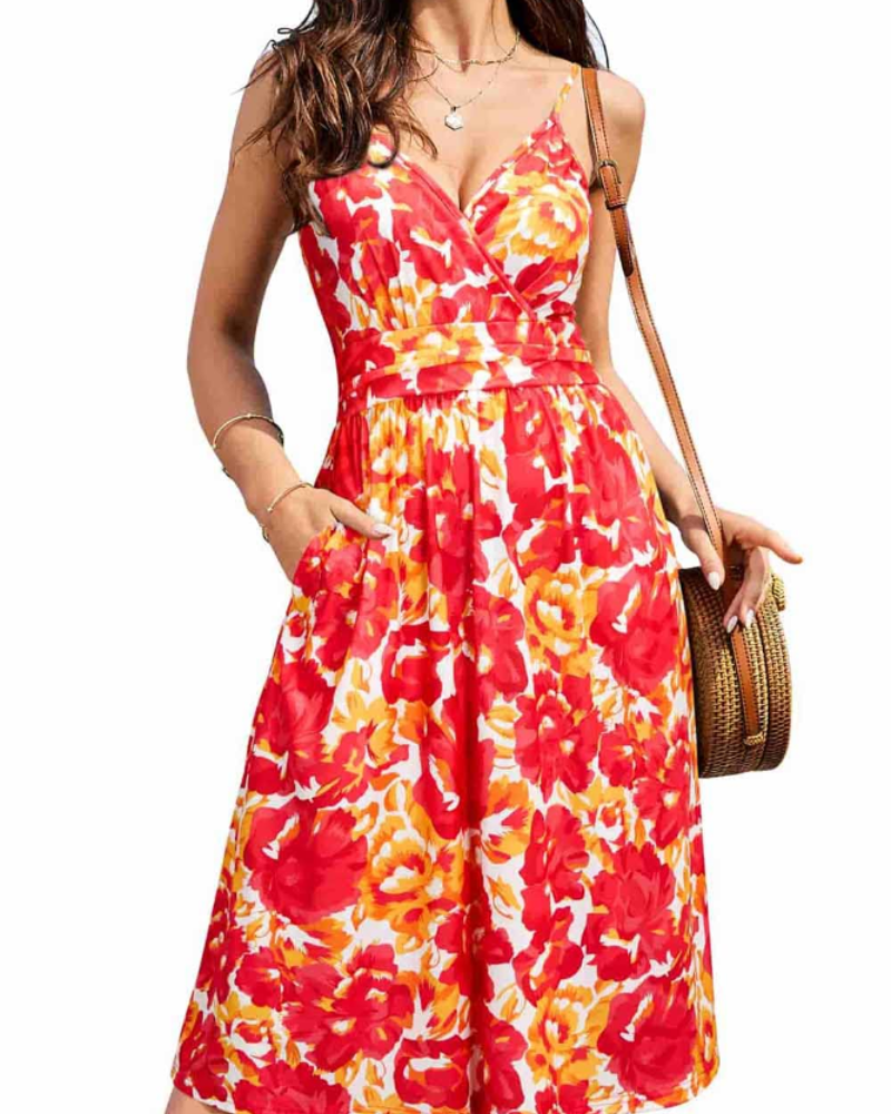 Women's midi dress | floral V-neck with spaghetti straps for summer vacation