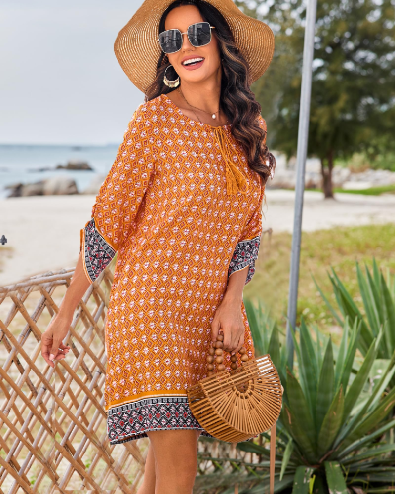 Women's tunic dress — floral print with v-neck for casual daily wear