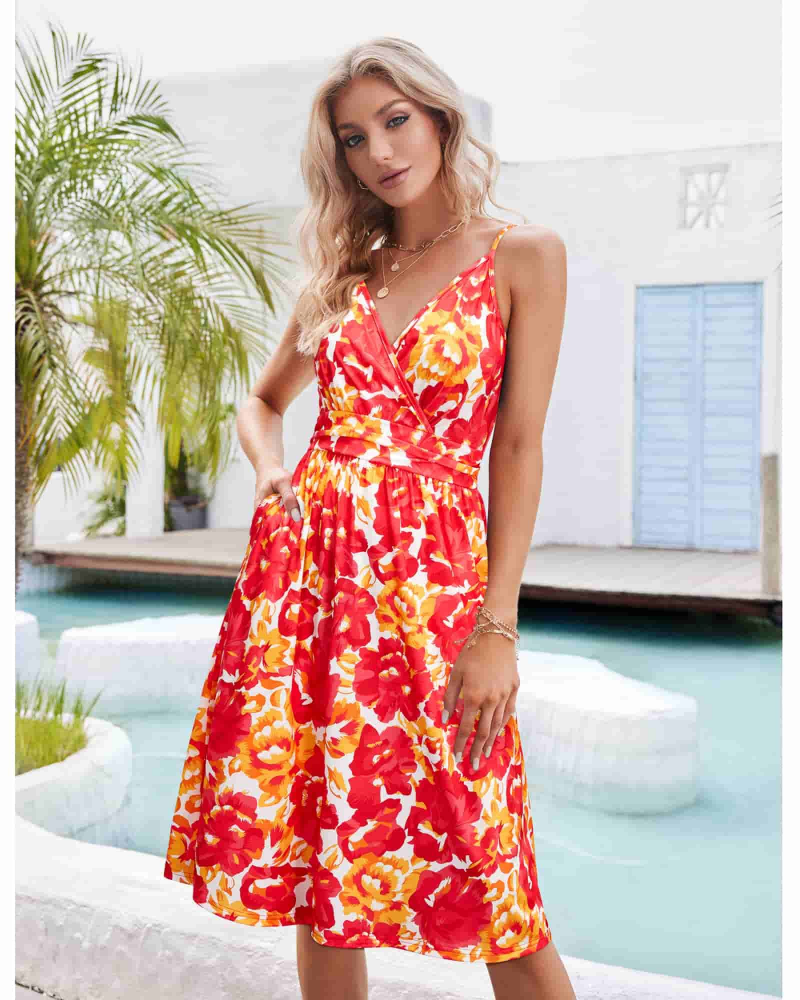 Women's midi dress | floral V-neck with spaghetti straps for summer vacation