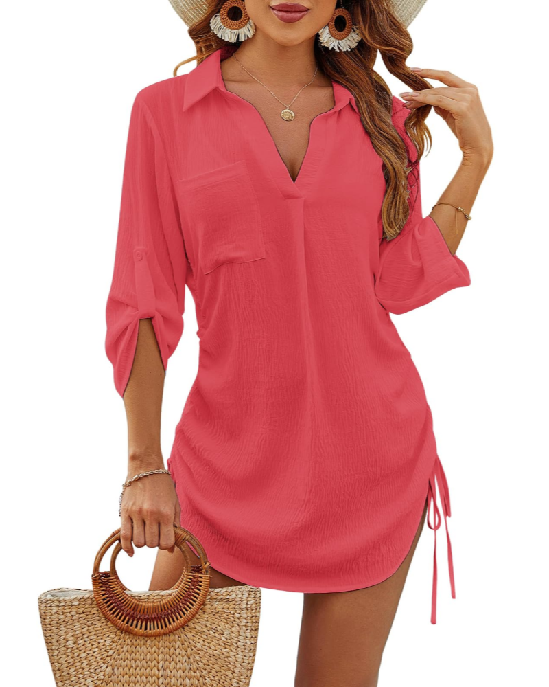 Women's beach tunic — V-neck shirt dress with adjustable fit for vacation