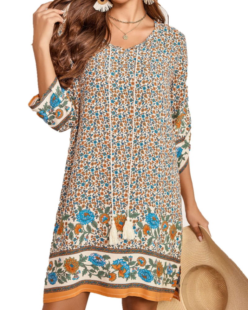 Women's tunic dress — floral print with v-neck for casual daily wear