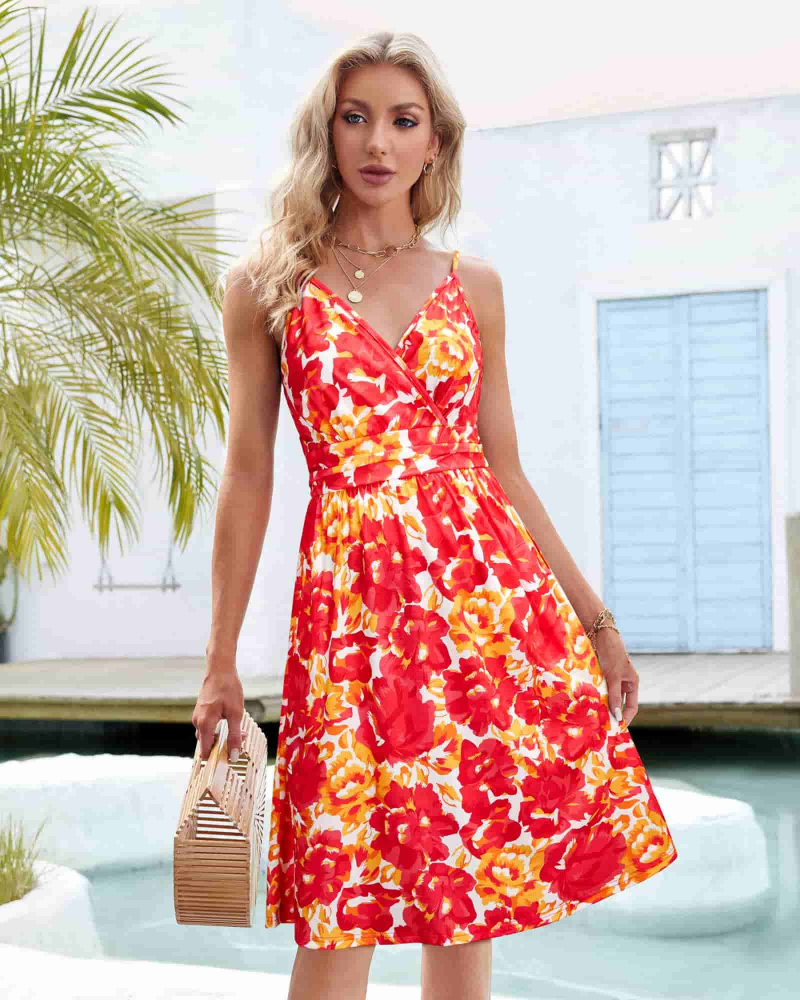 Women's midi dress | floral V-neck with spaghetti straps for summer vacation