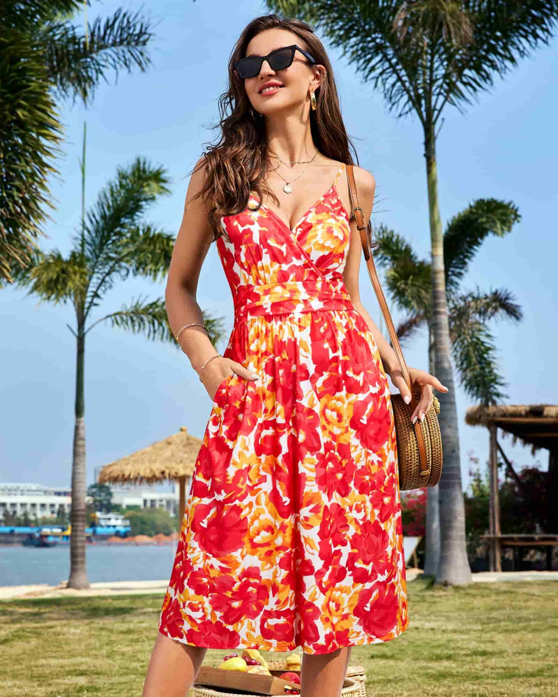 Women's midi dress | floral V-neck with spaghetti straps for summer vacation