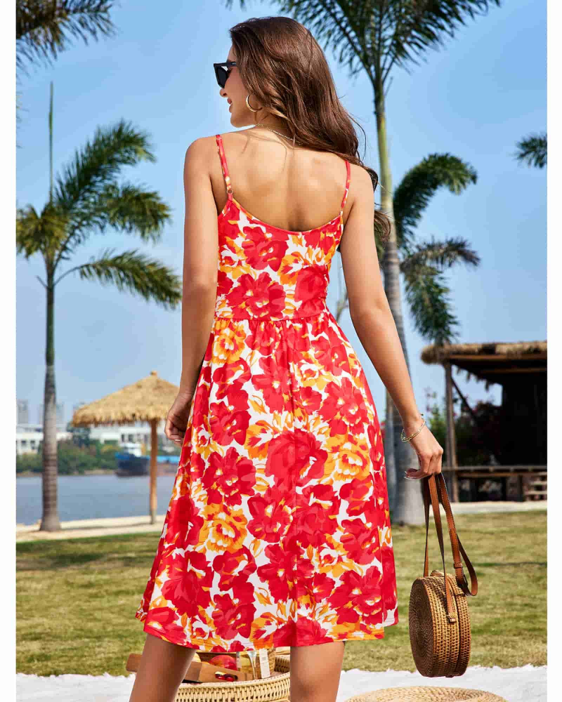 Women's midi dress | floral V-neck with spaghetti straps for summer vacation