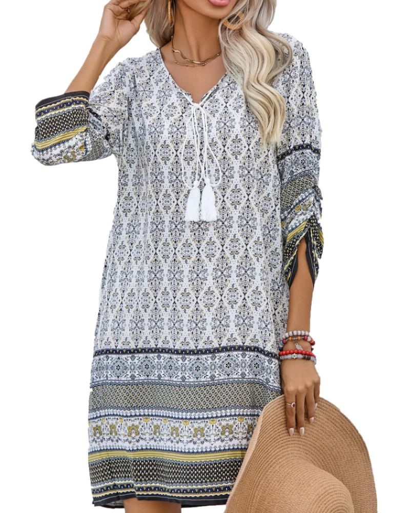 Women's tunic dress — floral print with v-neck for casual daily wear