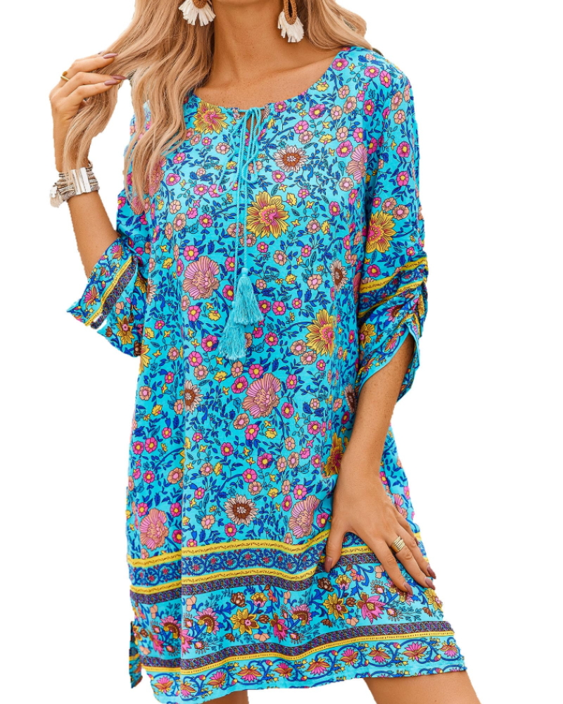 Women's tunic dress — floral print with v-neck for casual daily wear