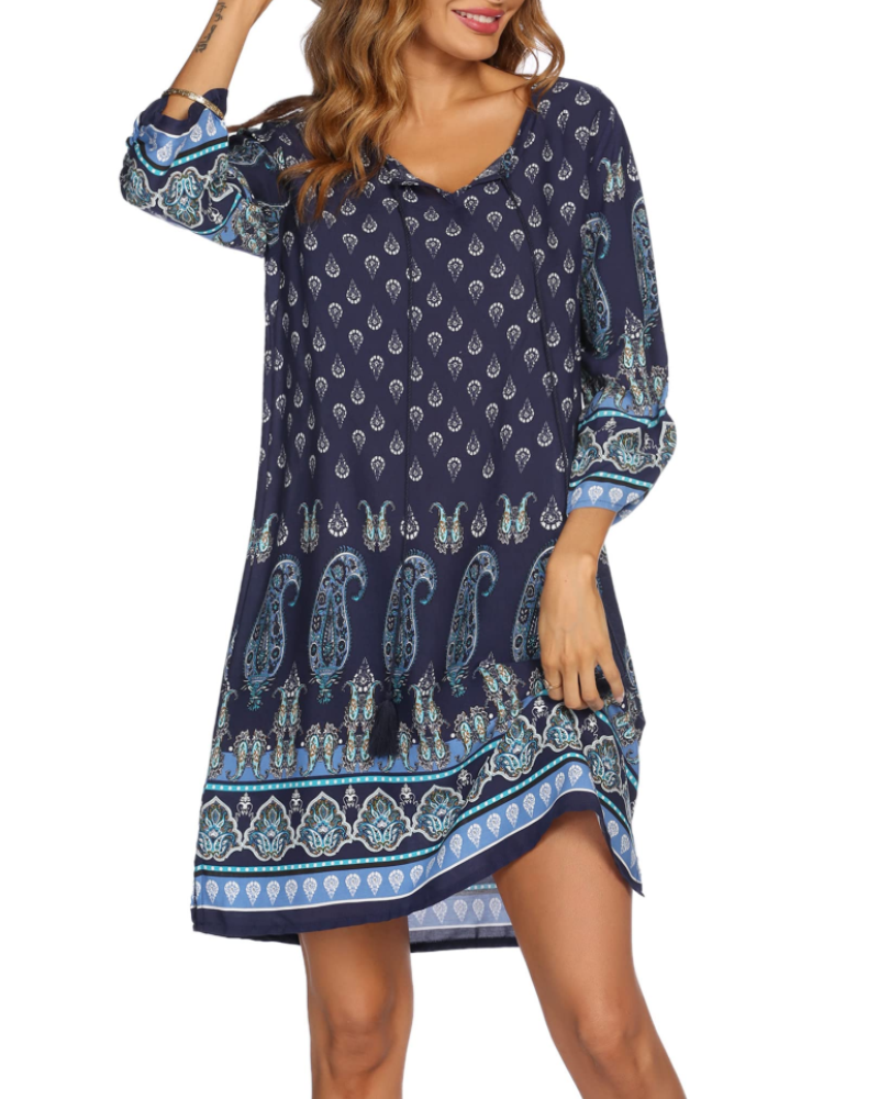 Women's tunic dress — floral print with v-neck for casual daily wear