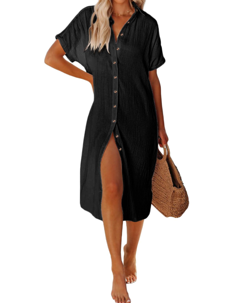Women's cotton beach tunic — long button-down dress for seaside vacation