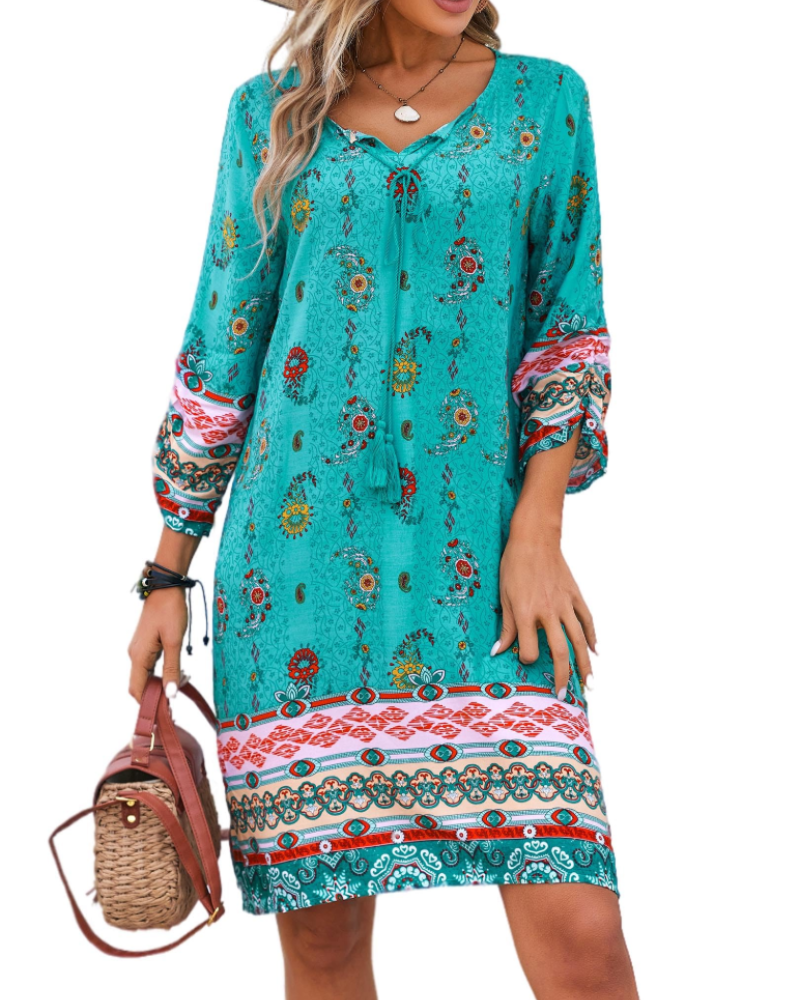Women's tunic dress — floral print with v-neck for casual daily wear