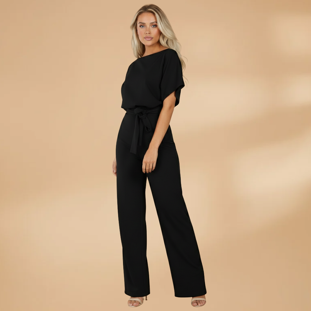 Women's casual jumpsuit - loose-fitting wide-leg overall with fabric belt | travel