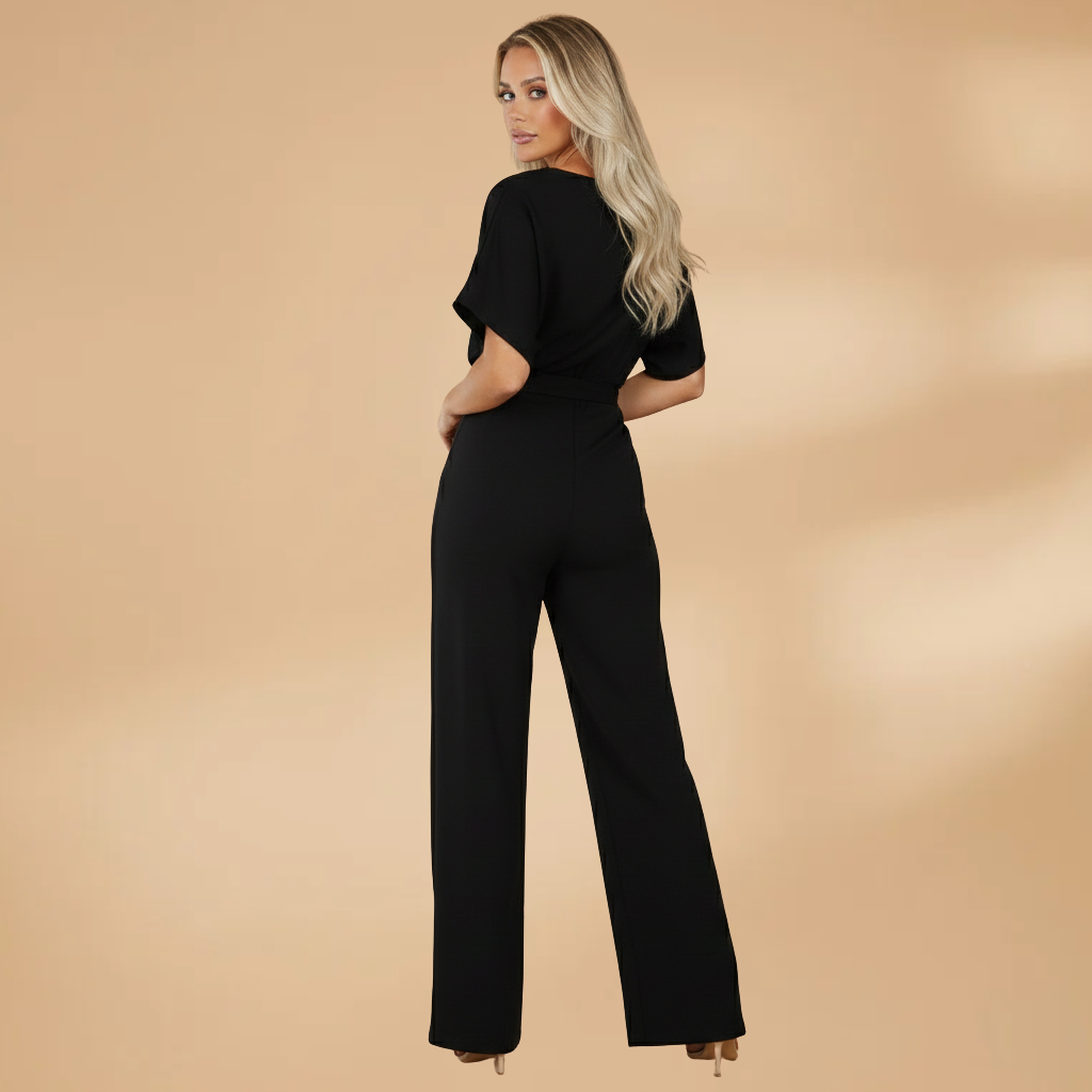 Women's casual jumpsuit - loose-fitting wide-leg overall with fabric belt | travel