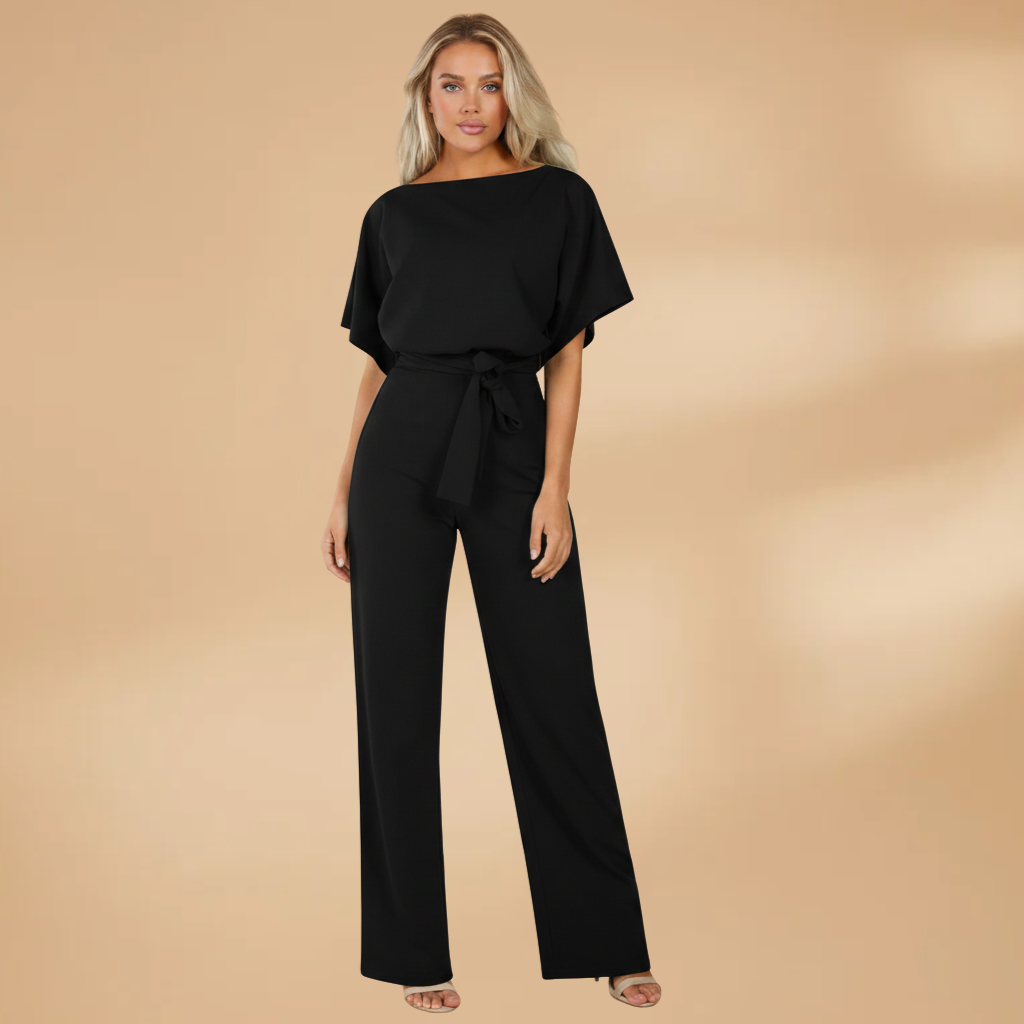 Women's casual jumpsuit - loose-fitting wide-leg overall with fabric belt | travel