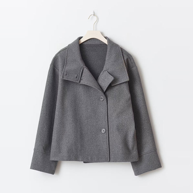 Women's Short Coat Wool Blend Relaxed Fit Button Closure High Neckline Casual
