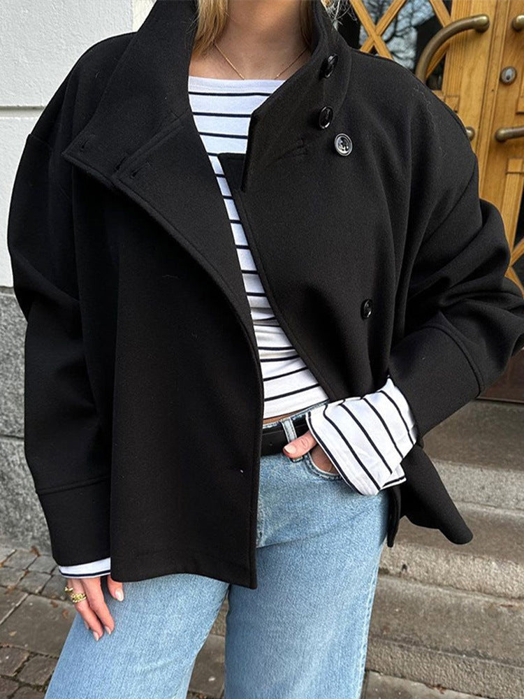 Women's Short Coat Wool Blend Relaxed Fit Button Closure High Neckline Casual