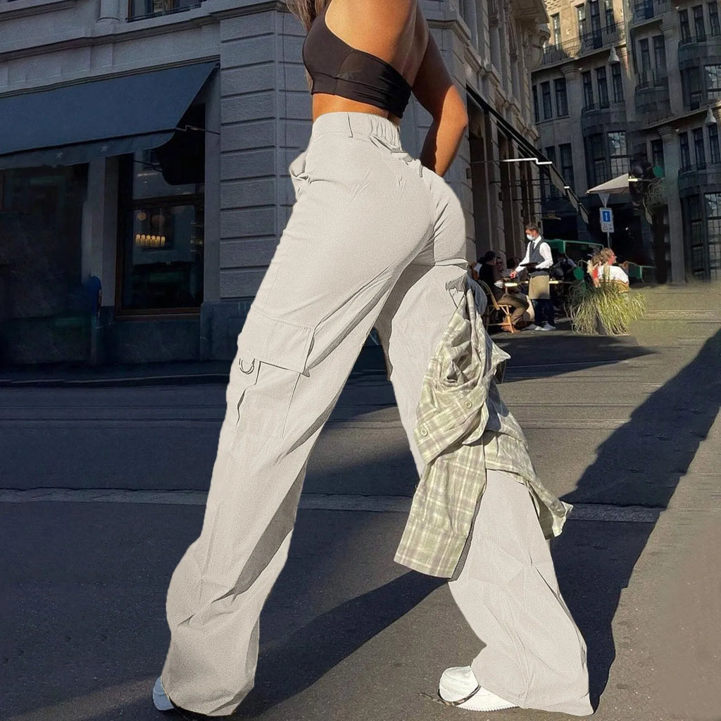 Women's Cargo Pants Polyester Blend High Waist Wide Leg Pockets Casual Streetwear