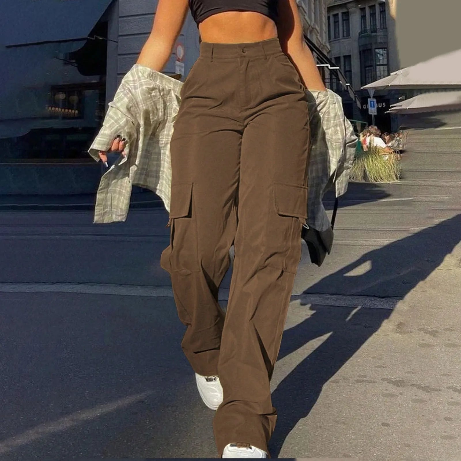 Women's Cargo Pants Polyester Blend High Waist Wide Leg Pockets Casual Streetwear