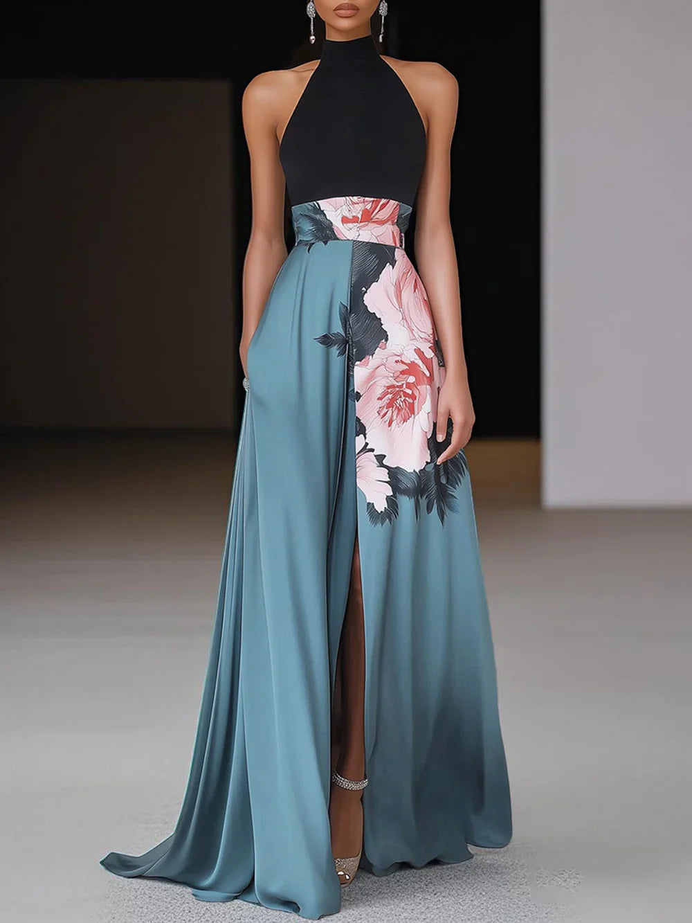Floral Maxi Dress High Neck Sleeveless Side Slit A-Line Formal Evening Apparel