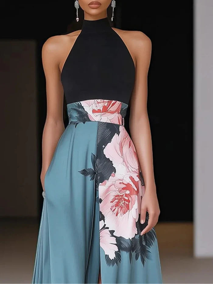 Floral Maxi Dress High Neck Sleeveless Side Slit A-Line Formal Evening Apparel
