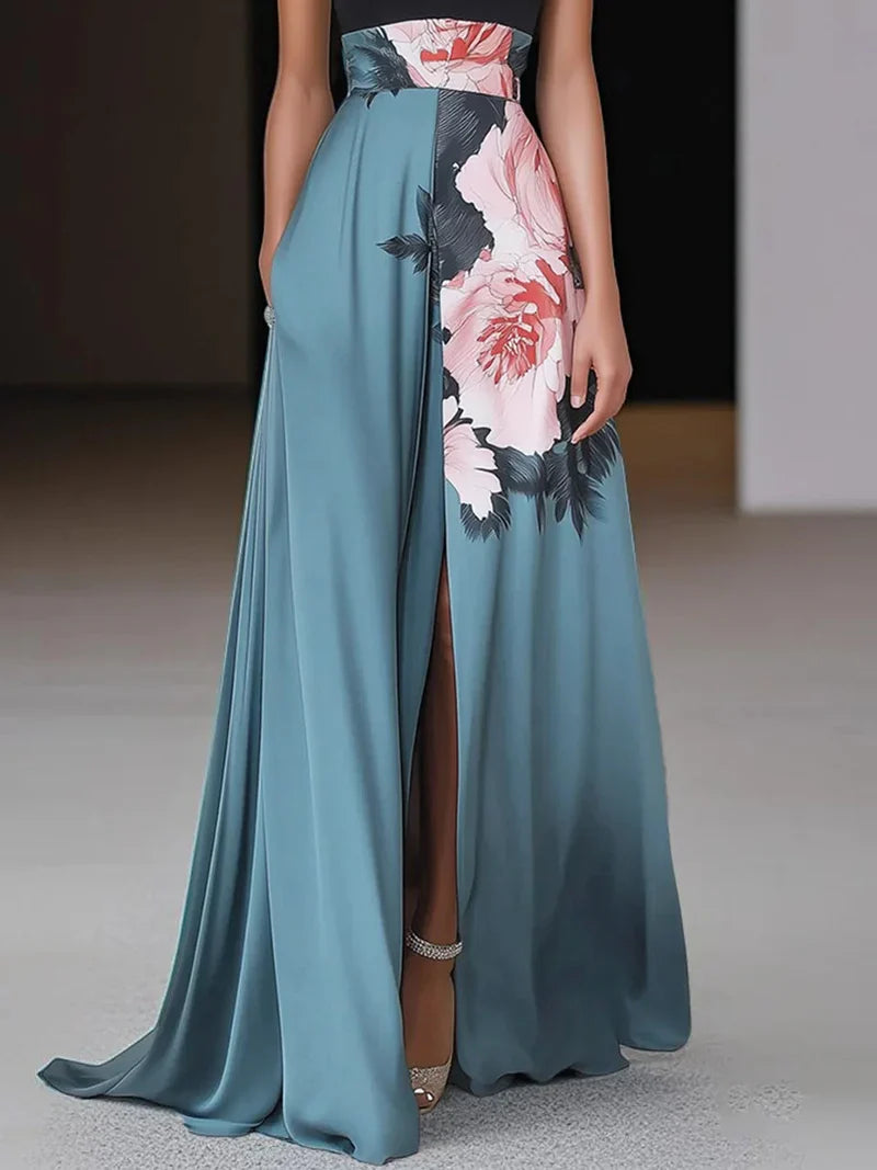 Floral Maxi Dress High Neck Sleeveless Side Slit A-Line Formal Evening Apparel