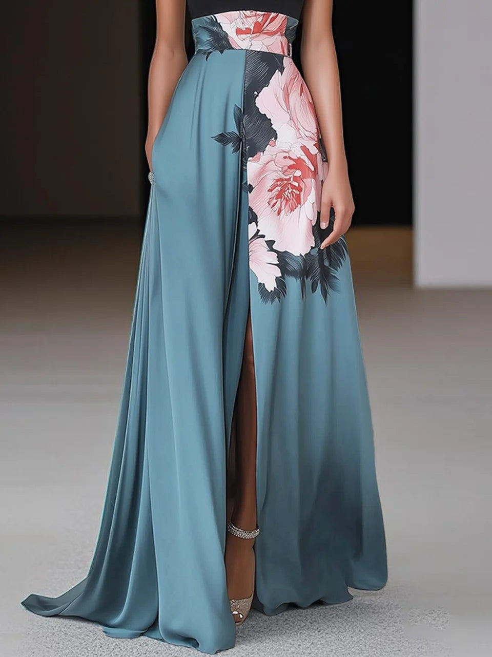 Sleeveless Floral Print High Slit Maxi Dress