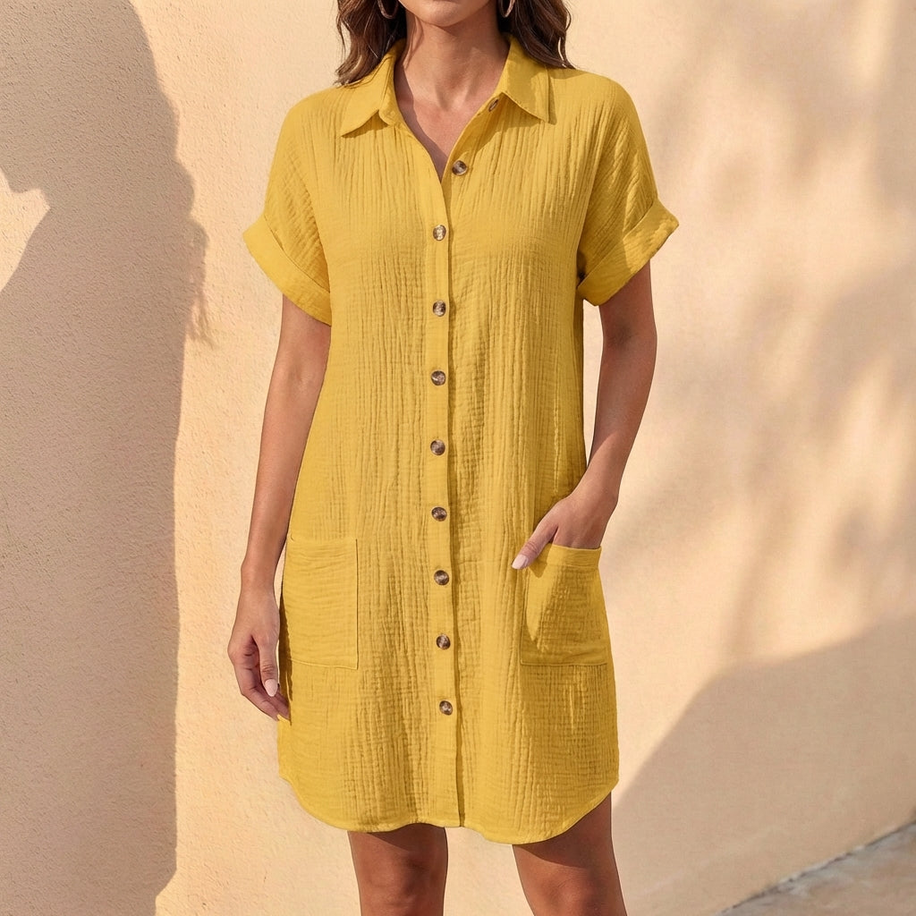 Linen Blend Relaxed Fit Midi Shirt Dress with Button Front and Short Cuffed Sleeves