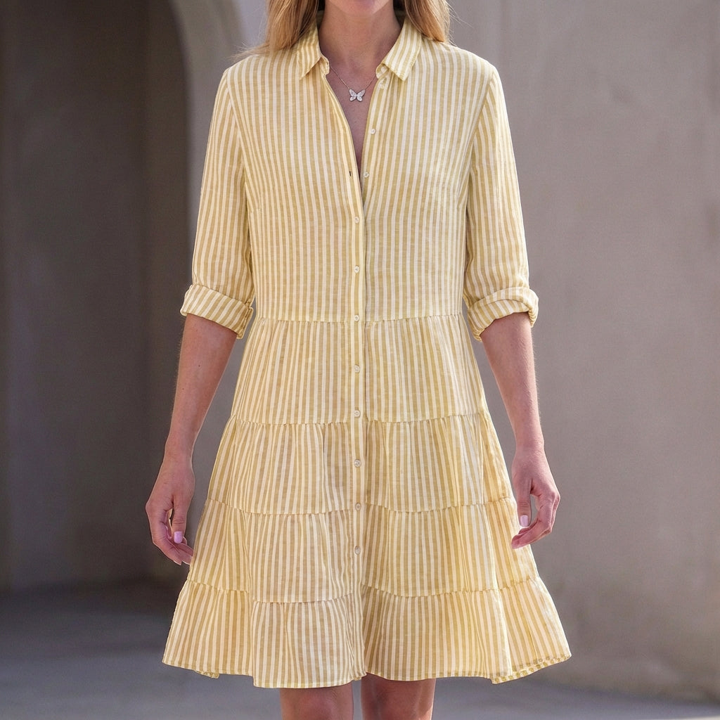Striped Relaxed Fit Shirt Dress Button Front Tiered Skirt Above Knee Casual Mini