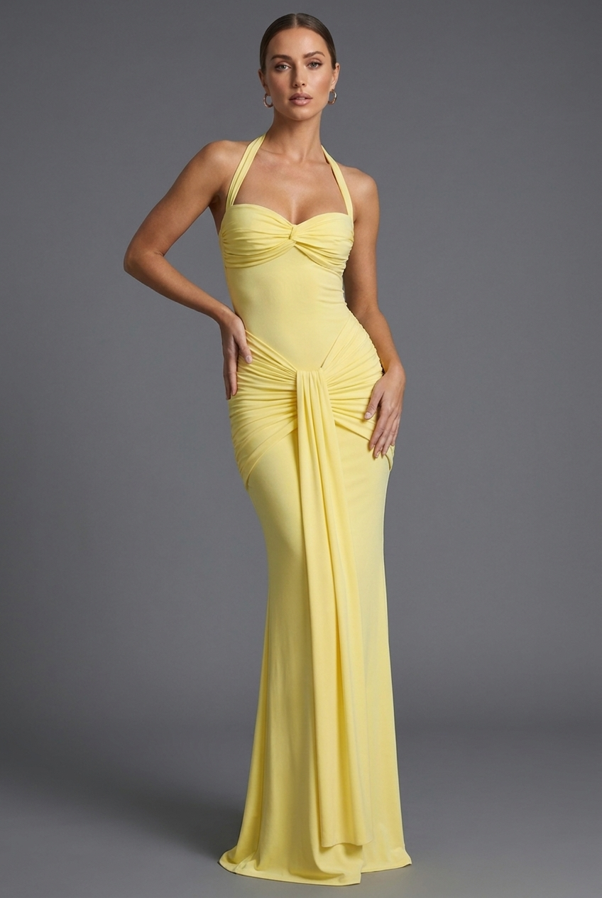 Halterneck Ruched Maxi Dress with Sweetheart Twist Neckline and Floor Length Hem