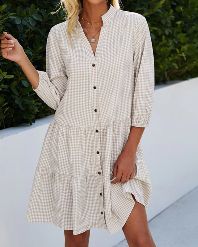 A-Line V-Neck Dress Button Front