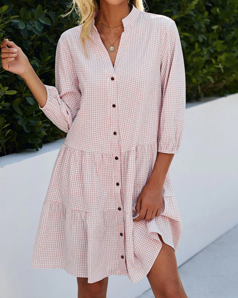 A-Line V-Neck Dress Button Front