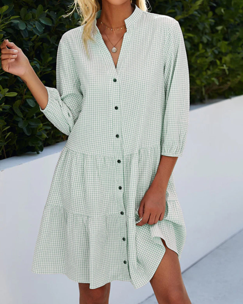 A-Line V-Neck Dress Button Front
