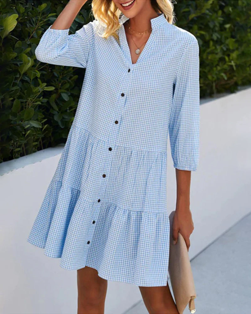 A-Line V-Neck Dress Button Front
