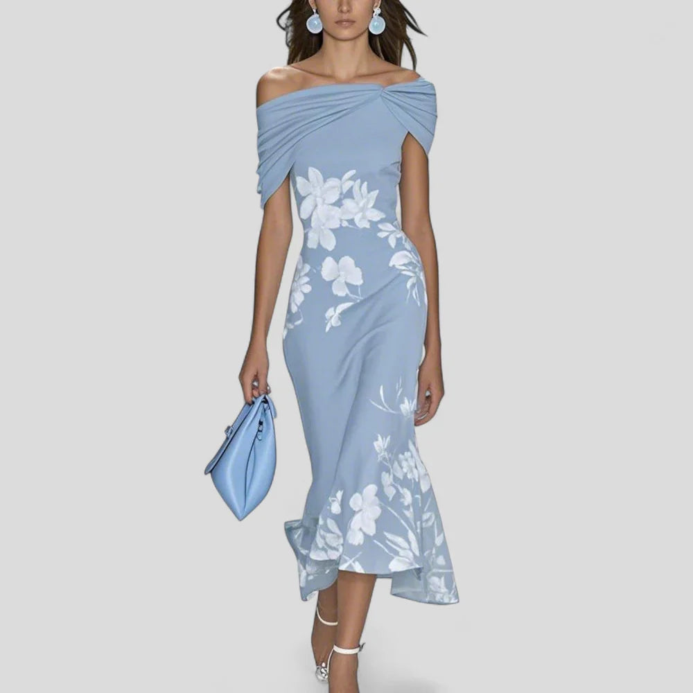 Women's Off Shoulder Floral Midi Dress Fitted Silhouette Floral Print Cocktail Dress