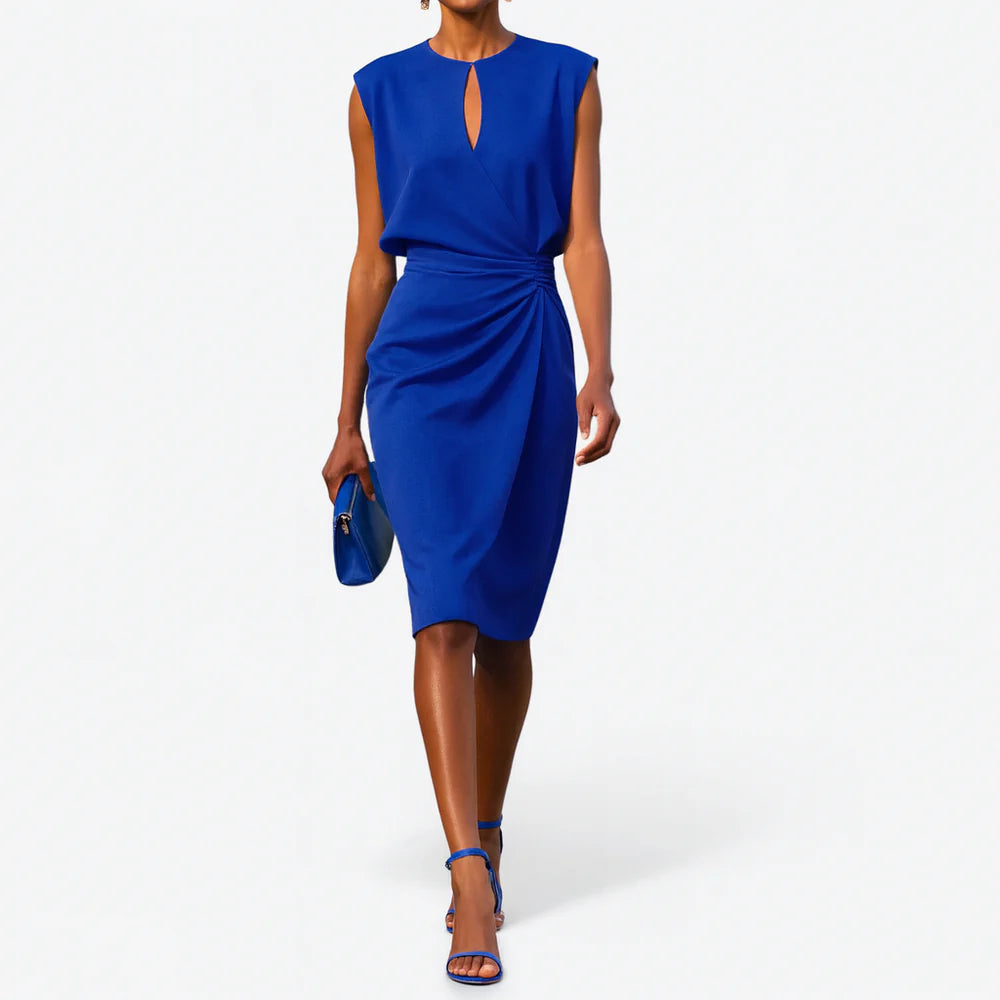 Sleeveless Midi Dress with Ruched Waist and Keyhole Neckline Stretch Cocktail Gown