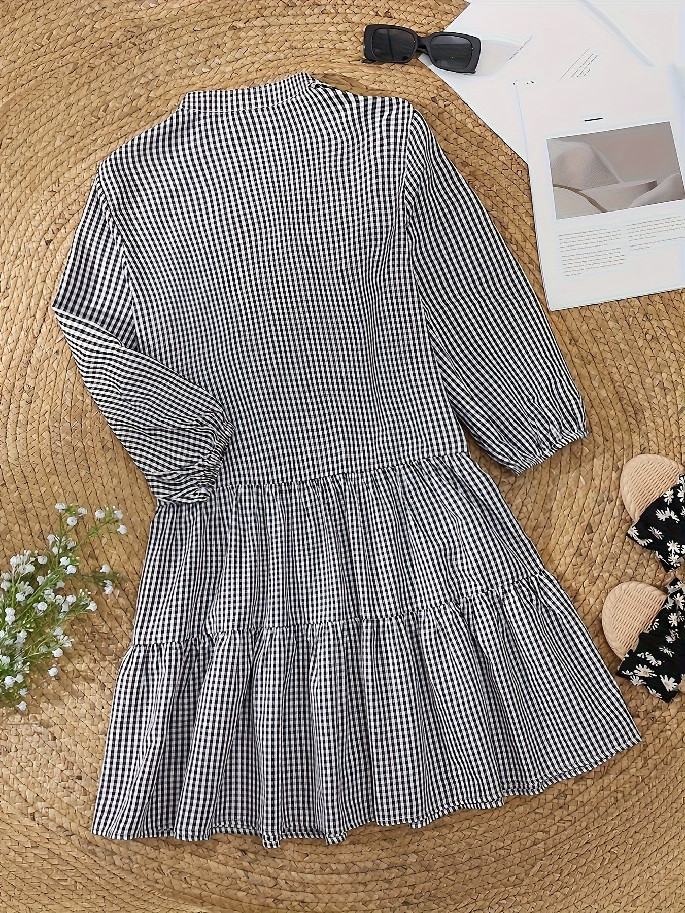 Cotton Gingham Tiered Mini Shirt Dress