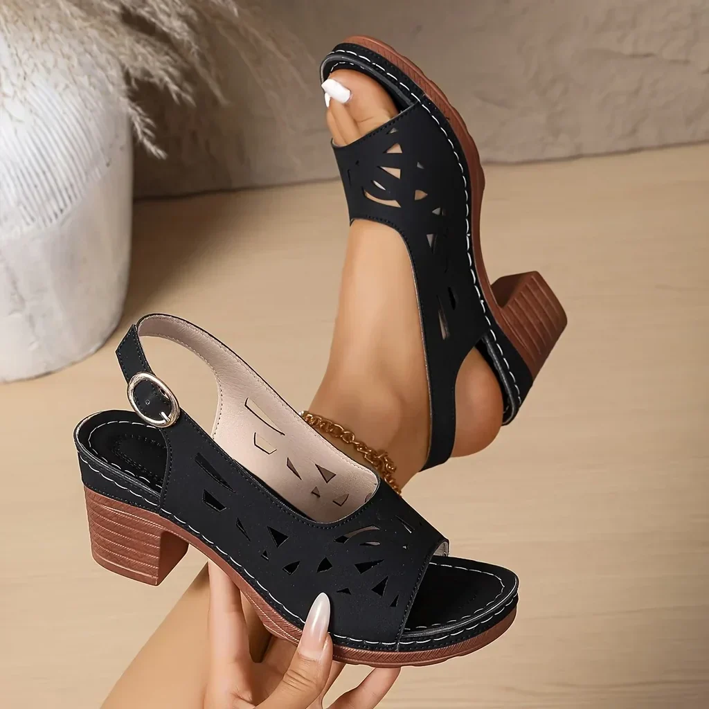 Women's Block Heel Sandals Laser Cut Slingback Platform Cushioned Walking Shoes