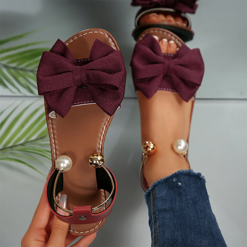 Flat Sandals with Bow and Bead Accents Breathable Sandals