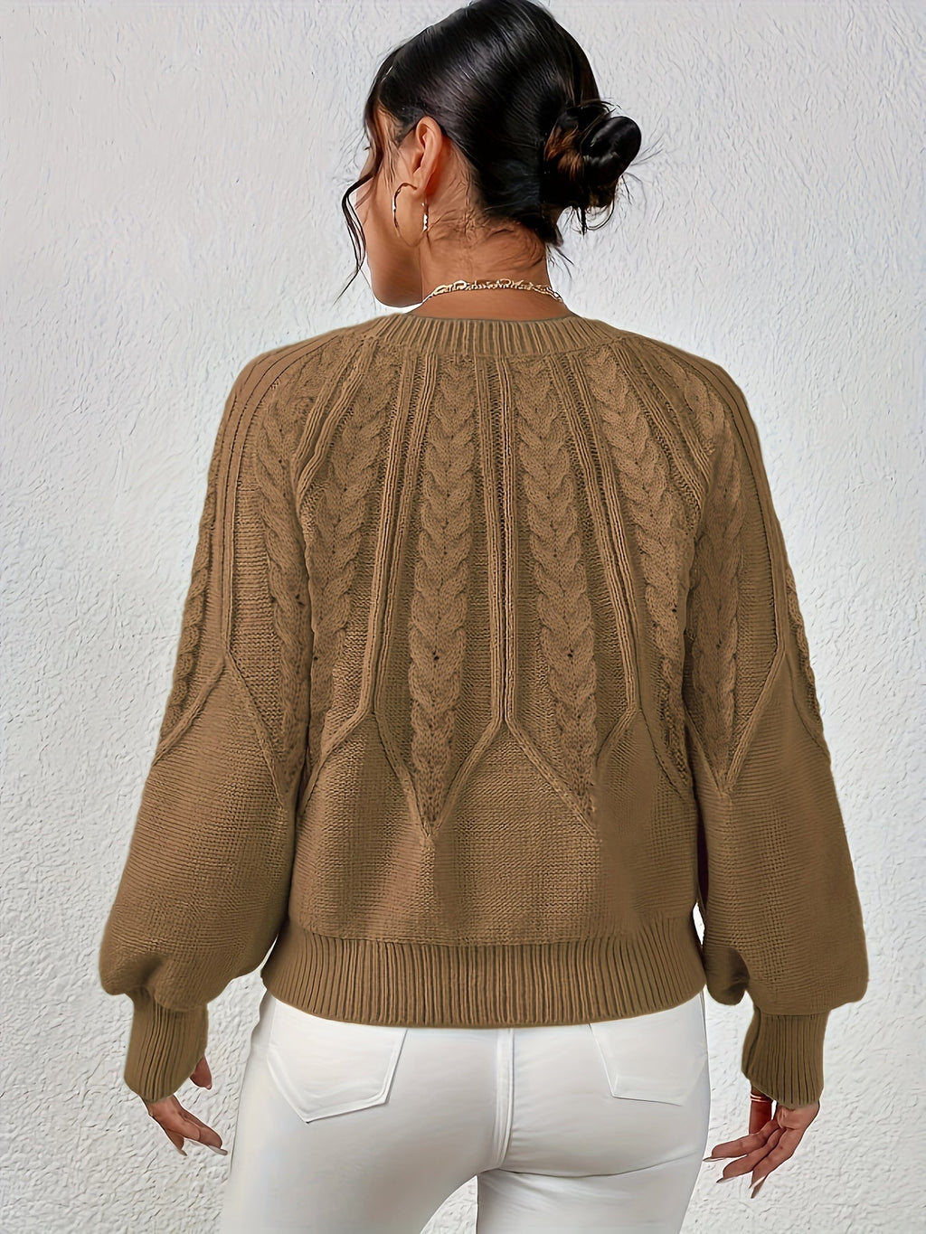 Women's Cable Knit Sweater with Relaxed Fit and Lantern Sleeves for Everyday Wear
