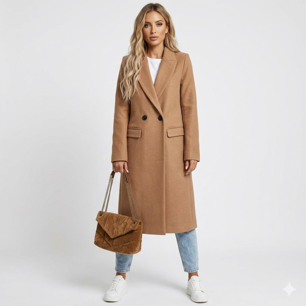 Women's Long Coat Wool Blend Double Breasted Lapel Collar Work Formal