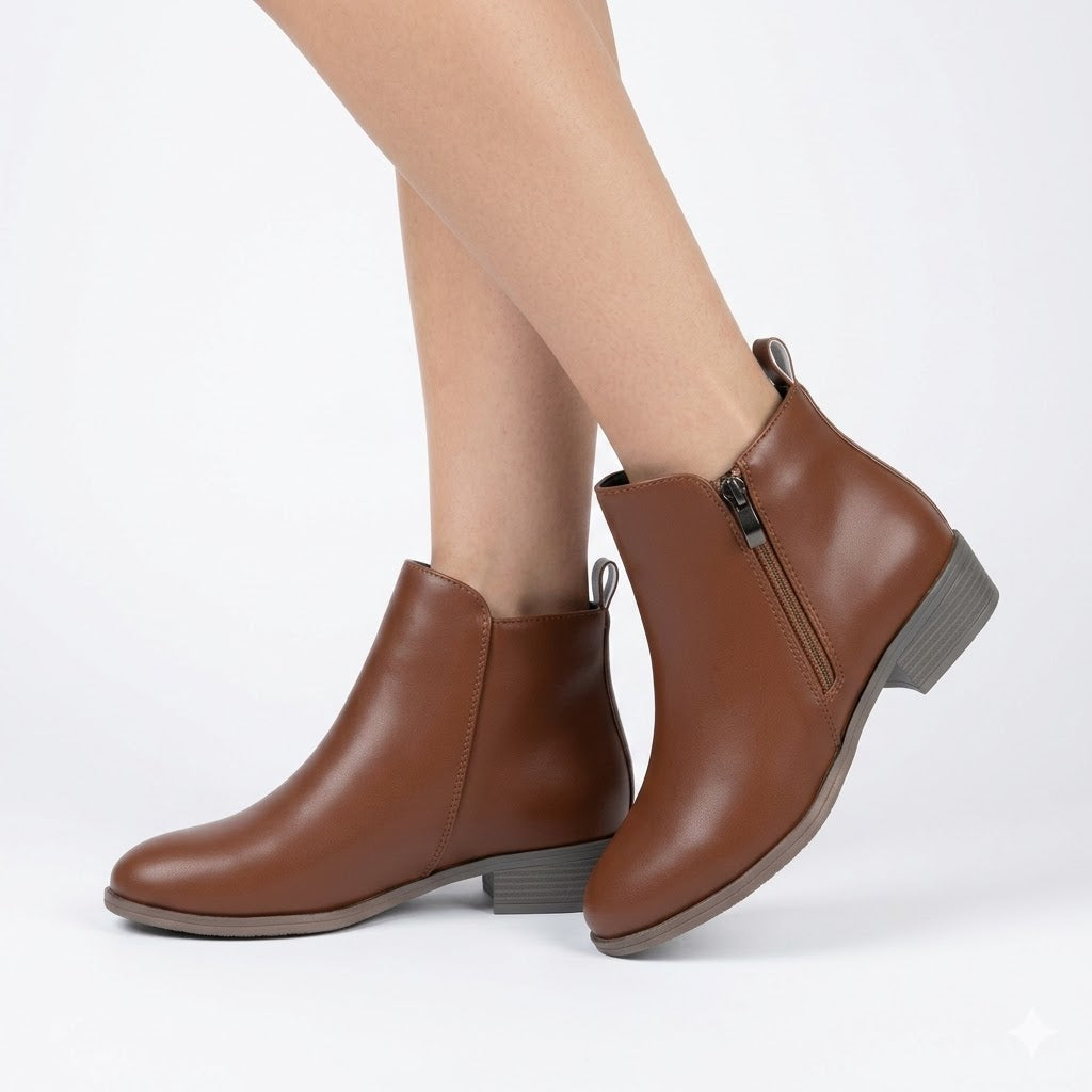 Women's Ankle Boots PU Leather Block Heel Side Zip Rounded Toe Casual Workwear