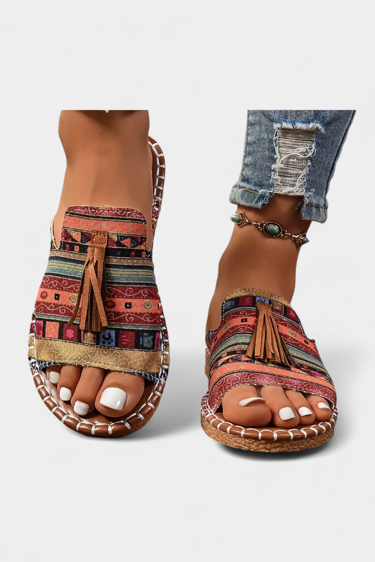 Woven Tassel Flat Slide Sandals