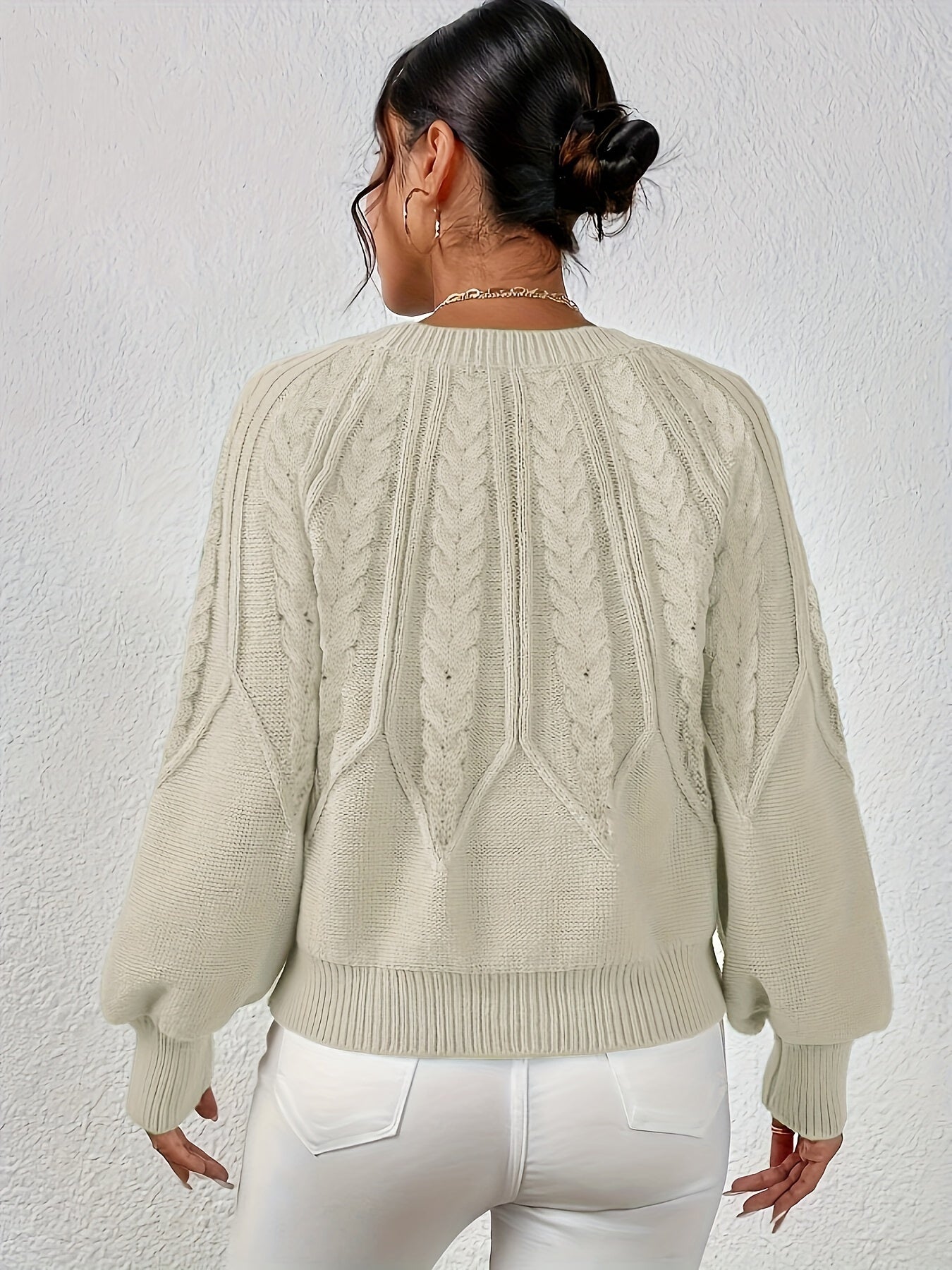 Women's Cable Knit Sweater with Relaxed Fit and Lantern Sleeves for Everyday Wear