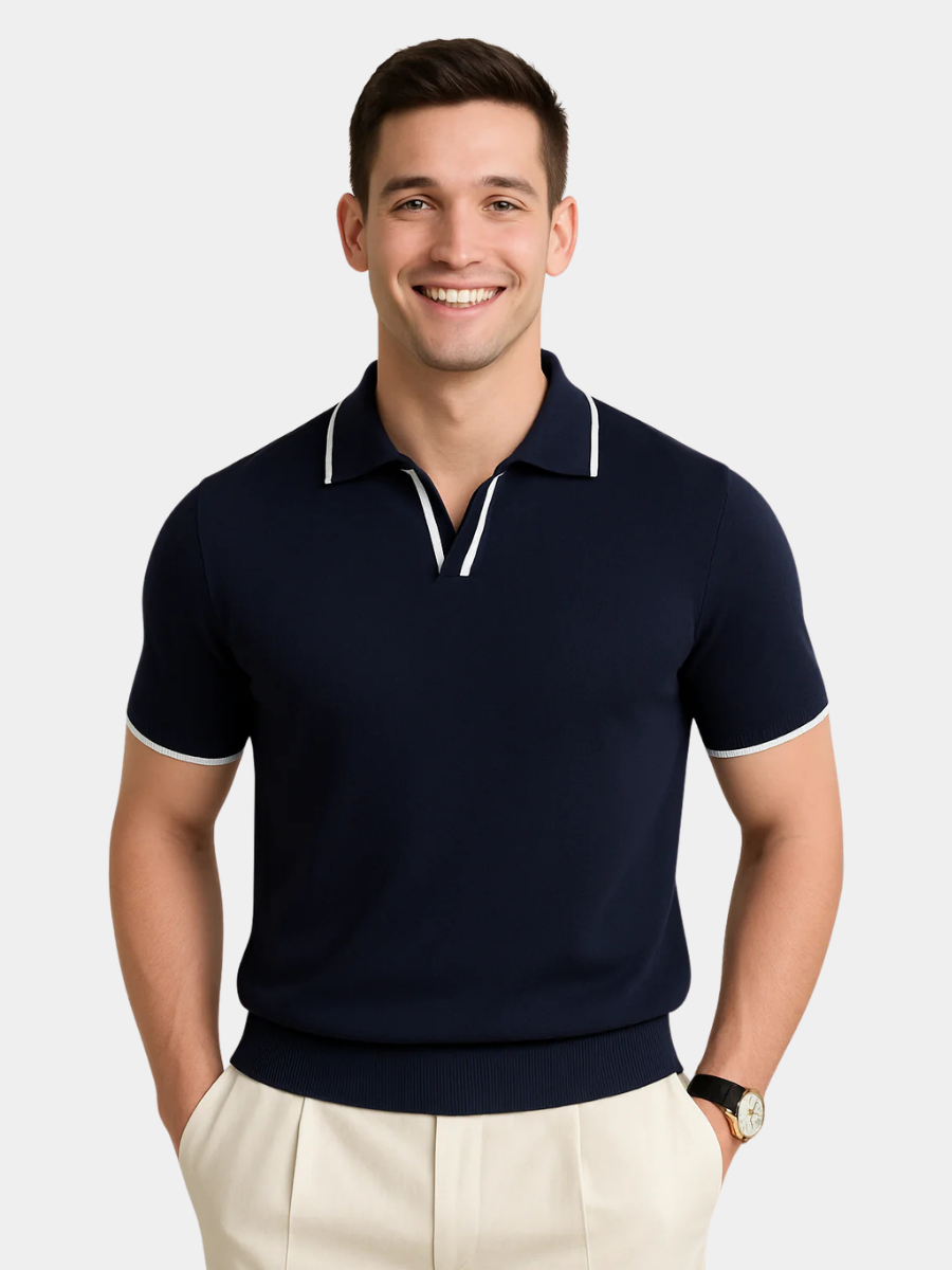 Men's short sleeve knit polo — slim fit contrast trim — summer daily wear