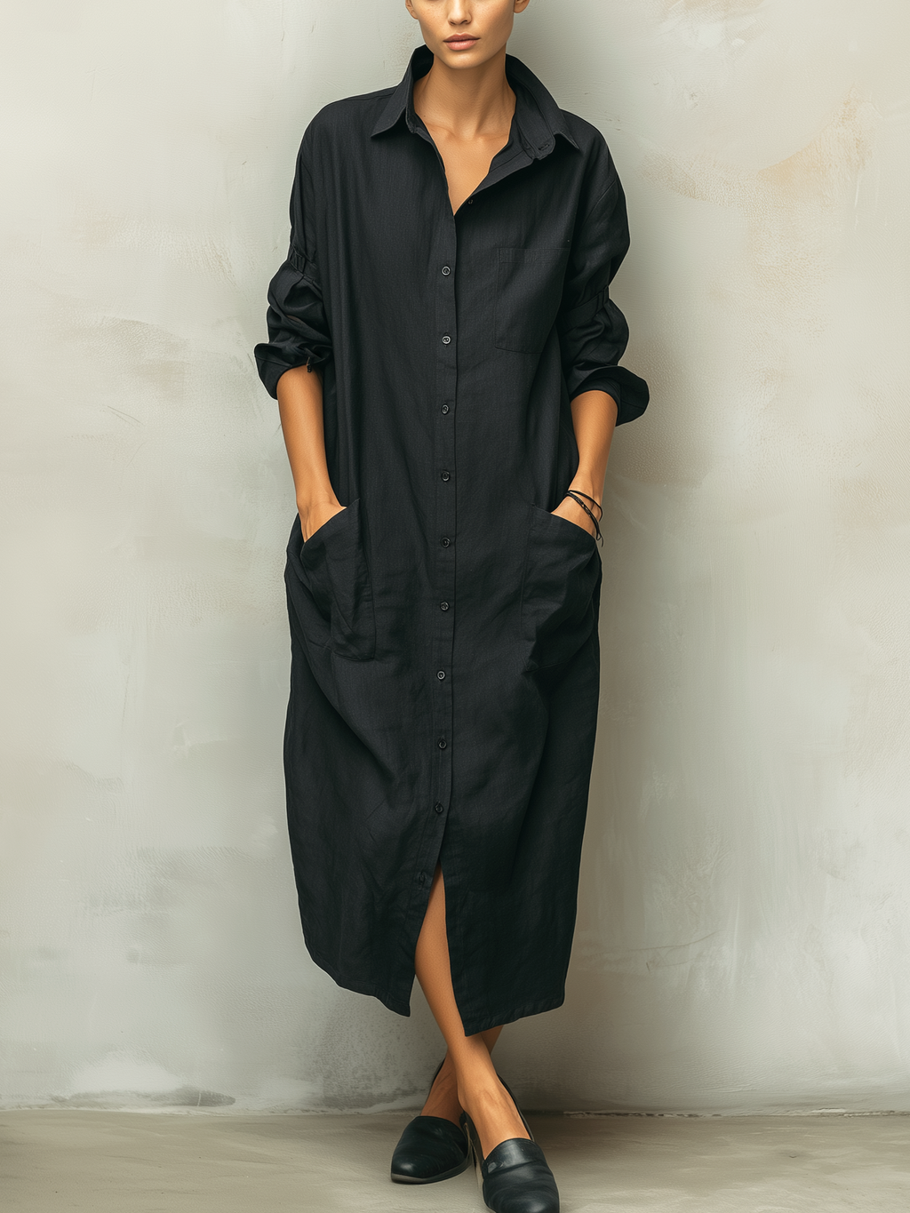 Women’s Long Sleeve Cotton Linen Shirt Dress
