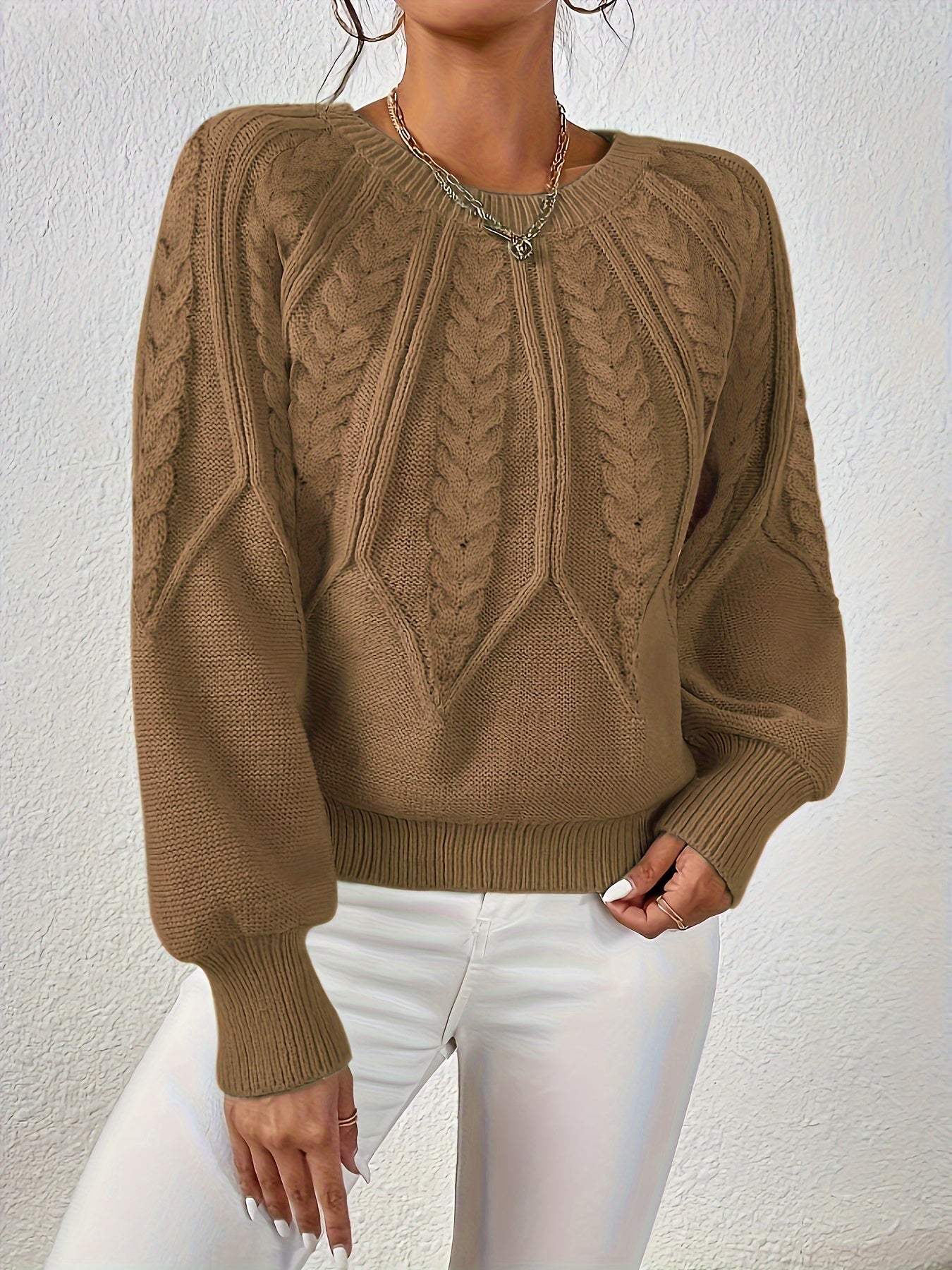Women's Cable Knit Sweater with Relaxed Fit and Lantern Sleeves for Everyday Wear
